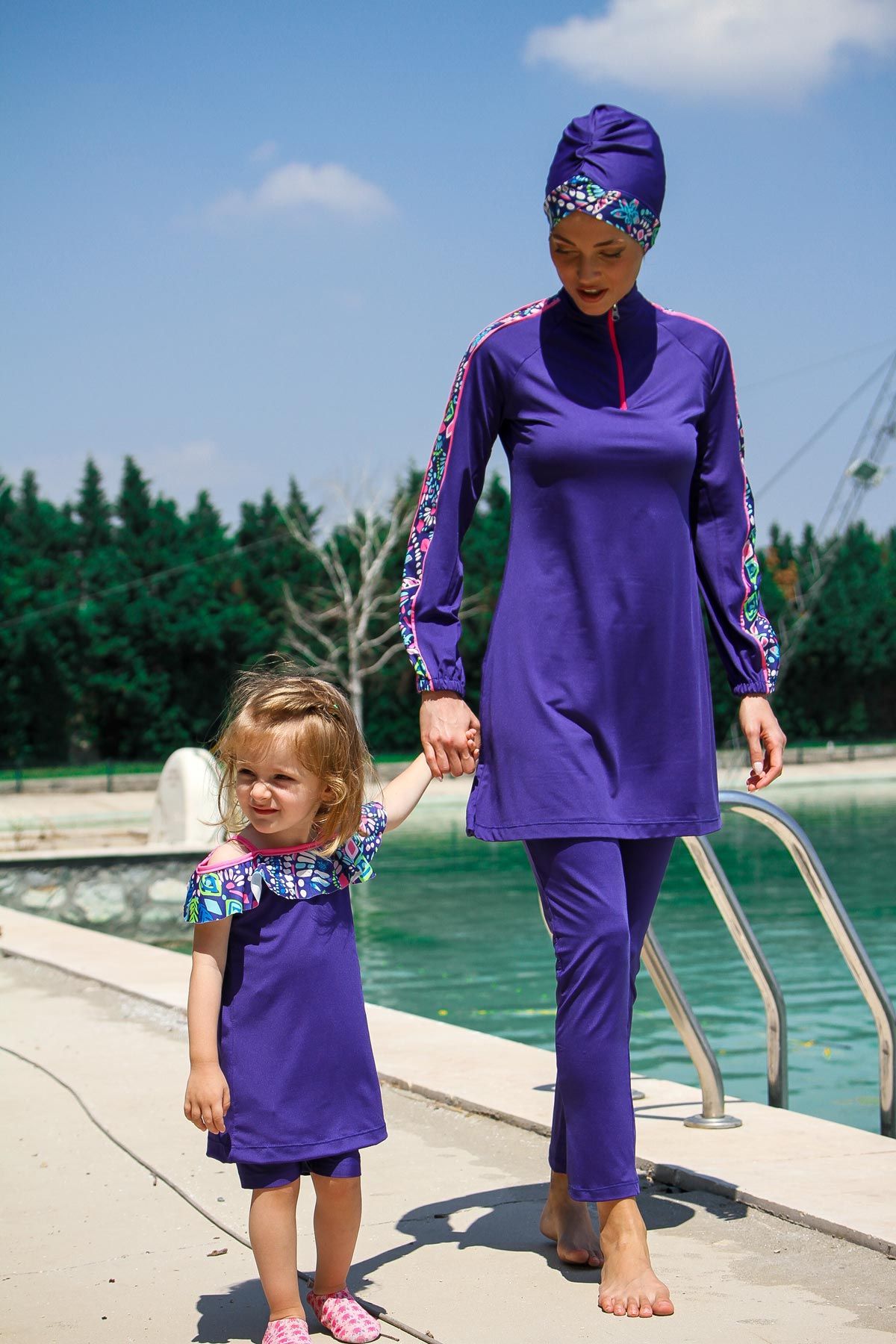 3’lü Saks Kolları Desenli Tam Kapalı Tesettür Mayo M2228