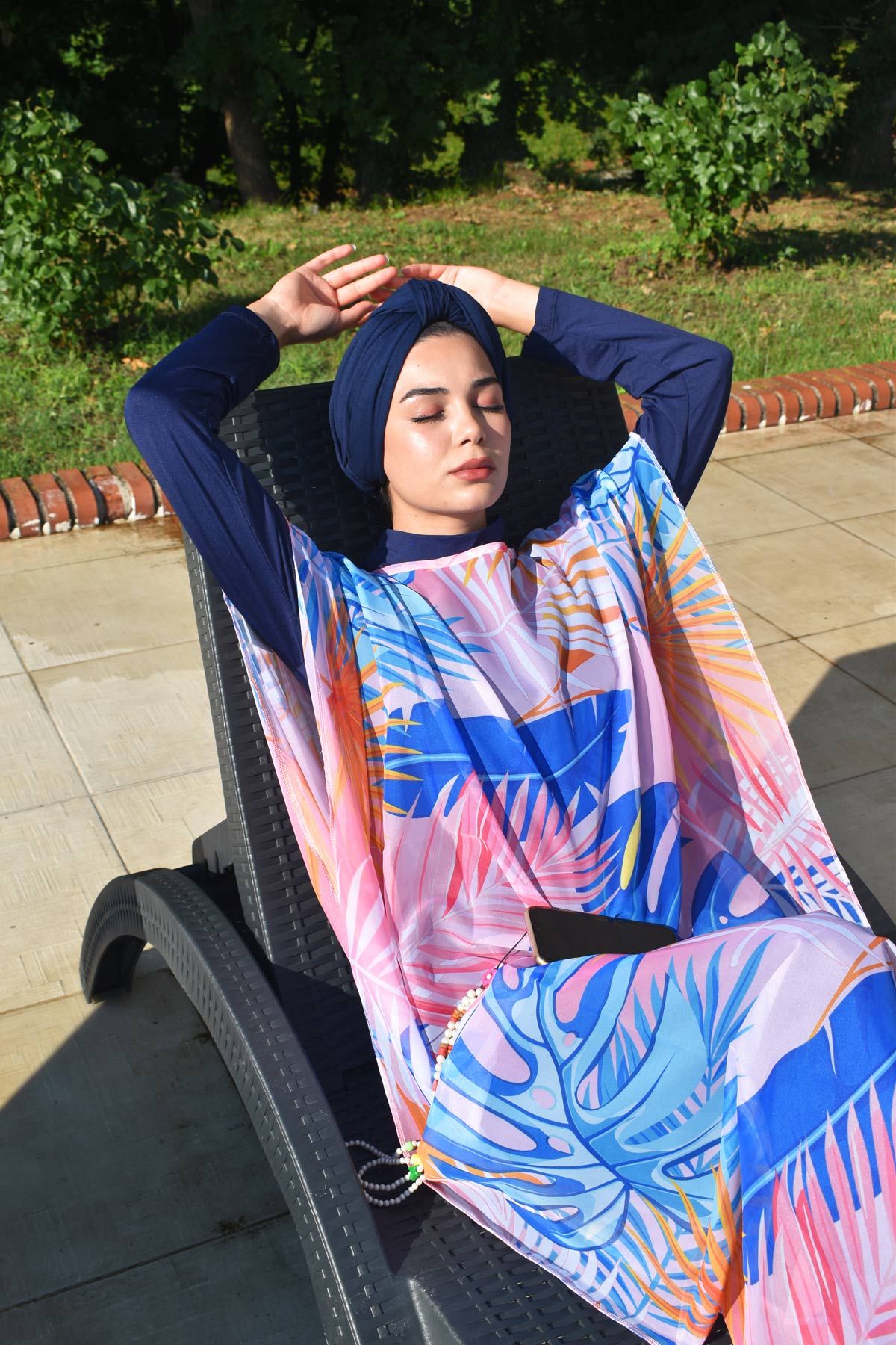 Marina Tesettür Mayo Üzerine Yaprak Desenli Kaftan Kimono Pareo P2109