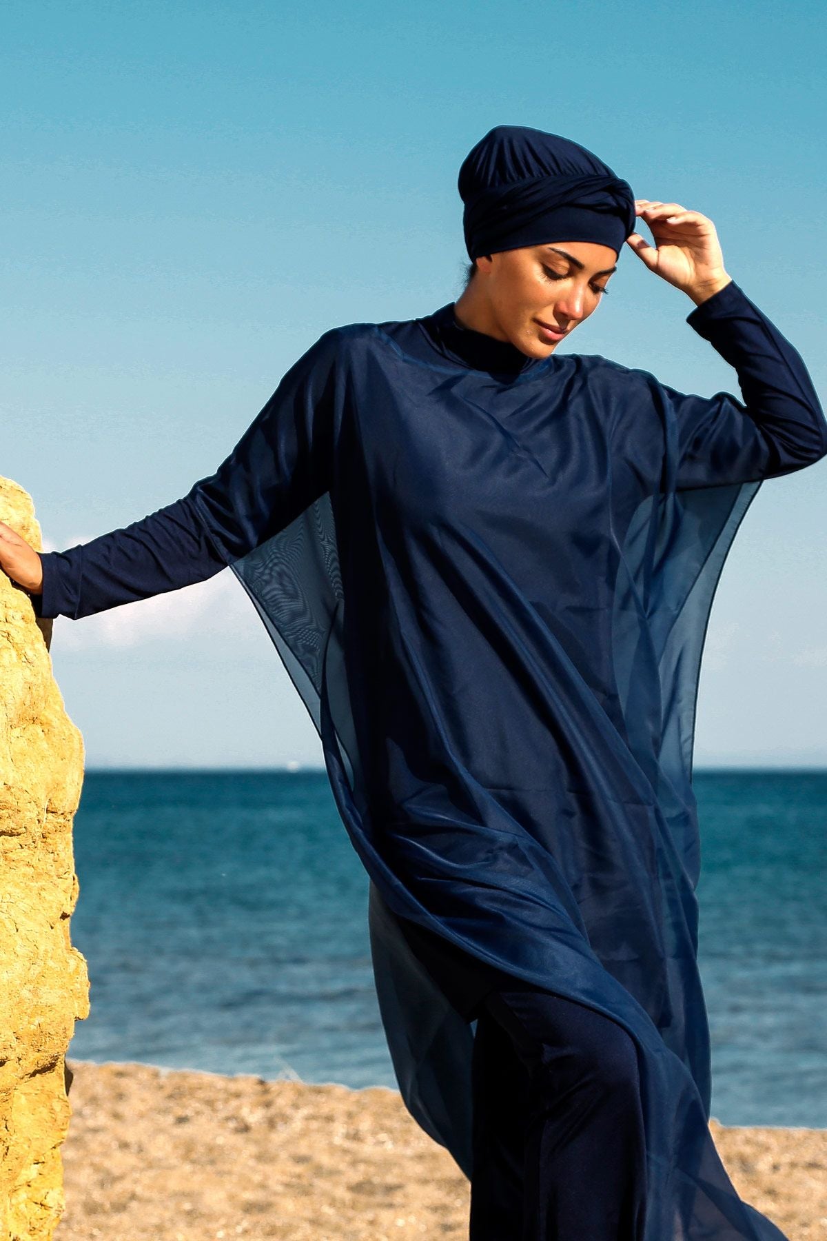 Marina Lacivert Tesettür Mayo Üstüne Giyilebilen Kaftan Kimono Pareo P2201