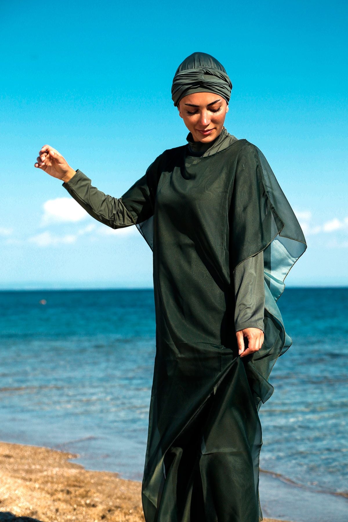 Marina Haki Tesettür Mayo Üzerine Kaftan Kimono Pareo P2202