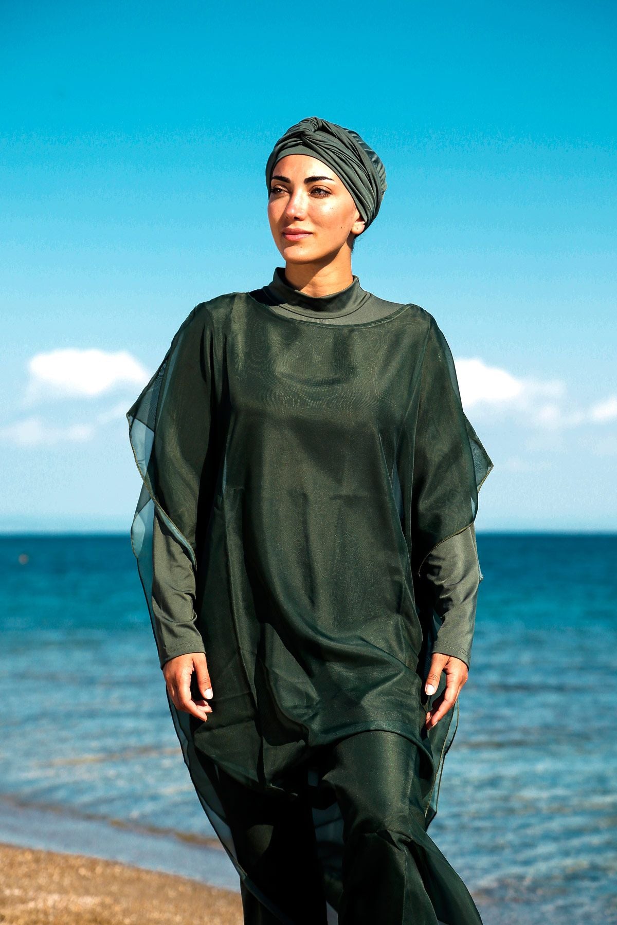 Marina Haki Tesettür Mayo Üzerine Kaftan Kimono Pareo P2202