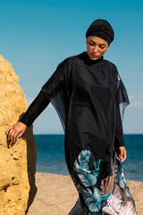 Marina Siyah Çicekli Kadın Tesettür Mayo Üzerine Kaftan Kimono Pareo P2203