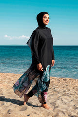 Marina Siyah Çicekli Kadın Tesettür Mayo Üzerine Kaftan Kimono Pareo P2203