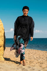 Marina Siyah Çicekli Kadın Tesettür Mayo Üzerine Kaftan Kimono Pareo P2203
