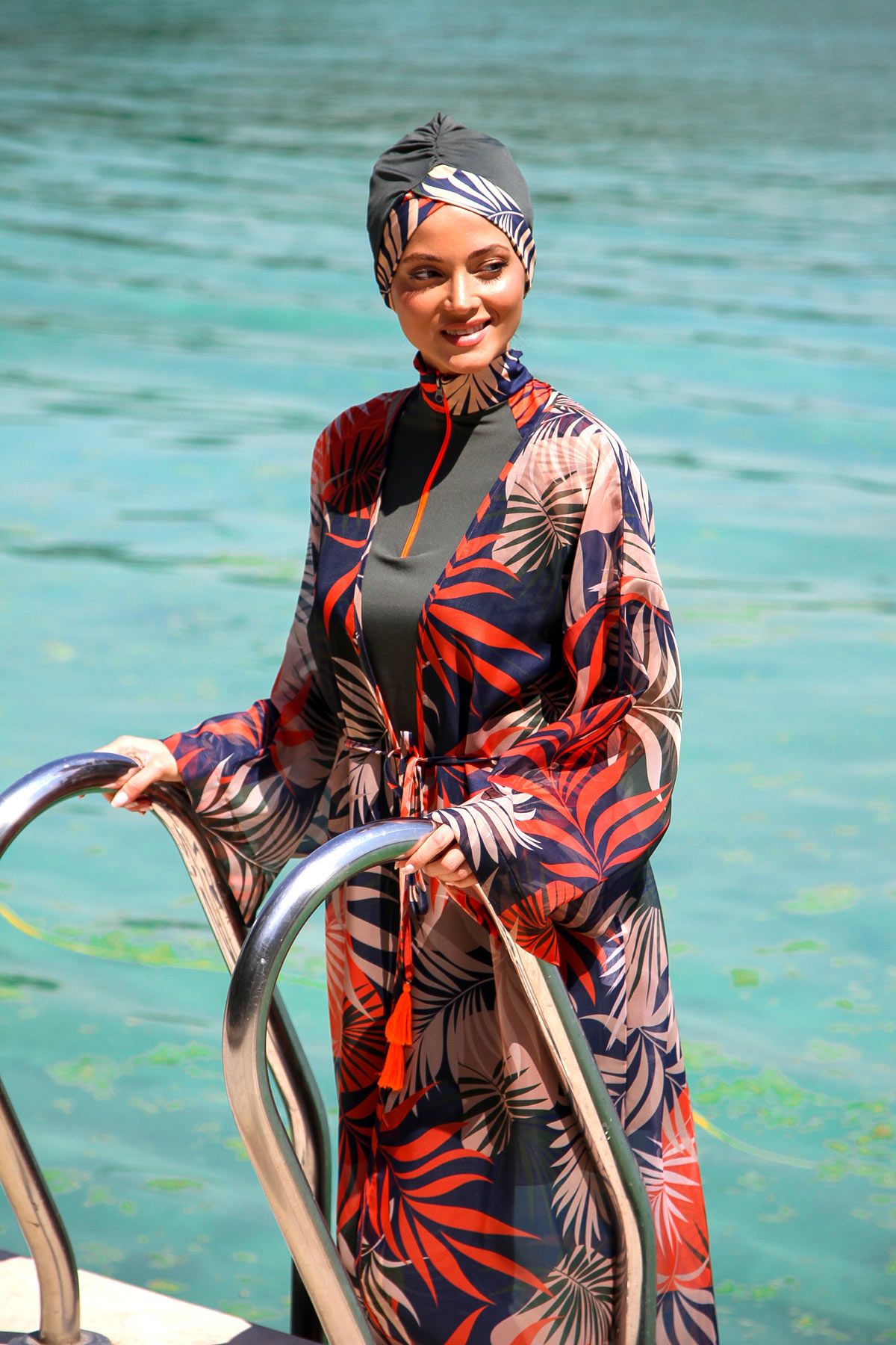 Marina Kadın Desenli Tesettür Mayo Üzerine Kimono Pareo P2204