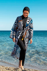 Marina Siyah Çizgi Desenli Kadın Tesettür Mayo Üzerine Kimono Pareo P2205