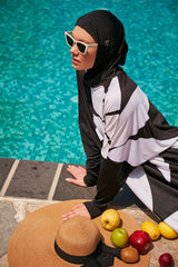 Çiçekli Siyah Tam Kapalı Tesettür Mayo M2309