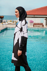 Çiçekli Siyah Tam Kapalı Tesettür Mayo M2309