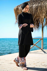 İp Bağlamalı 4’lü Siyah Desen Detaylı Tam Kapalı Tesettür Mayo 1961