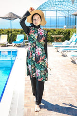 3’lü Siyah Çiçek Desenli Paraşüt Tam Kapalı Tesettür Mayo 1996