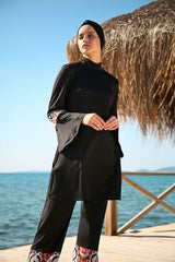 İp Bağlamalı 4’lü Siyah Desen Detaylı Tam Kapalı Tesettür Mayo 1961