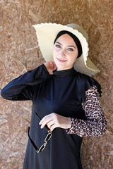 Siyah 4’lü  Leopar Kol Detaylı Tam Kapalı Tesettür Mayo M2101