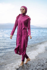 Paraşüt 3’lü Fermuarlı Mürdüm Tam Kapalı Tesettür Mayo M2029