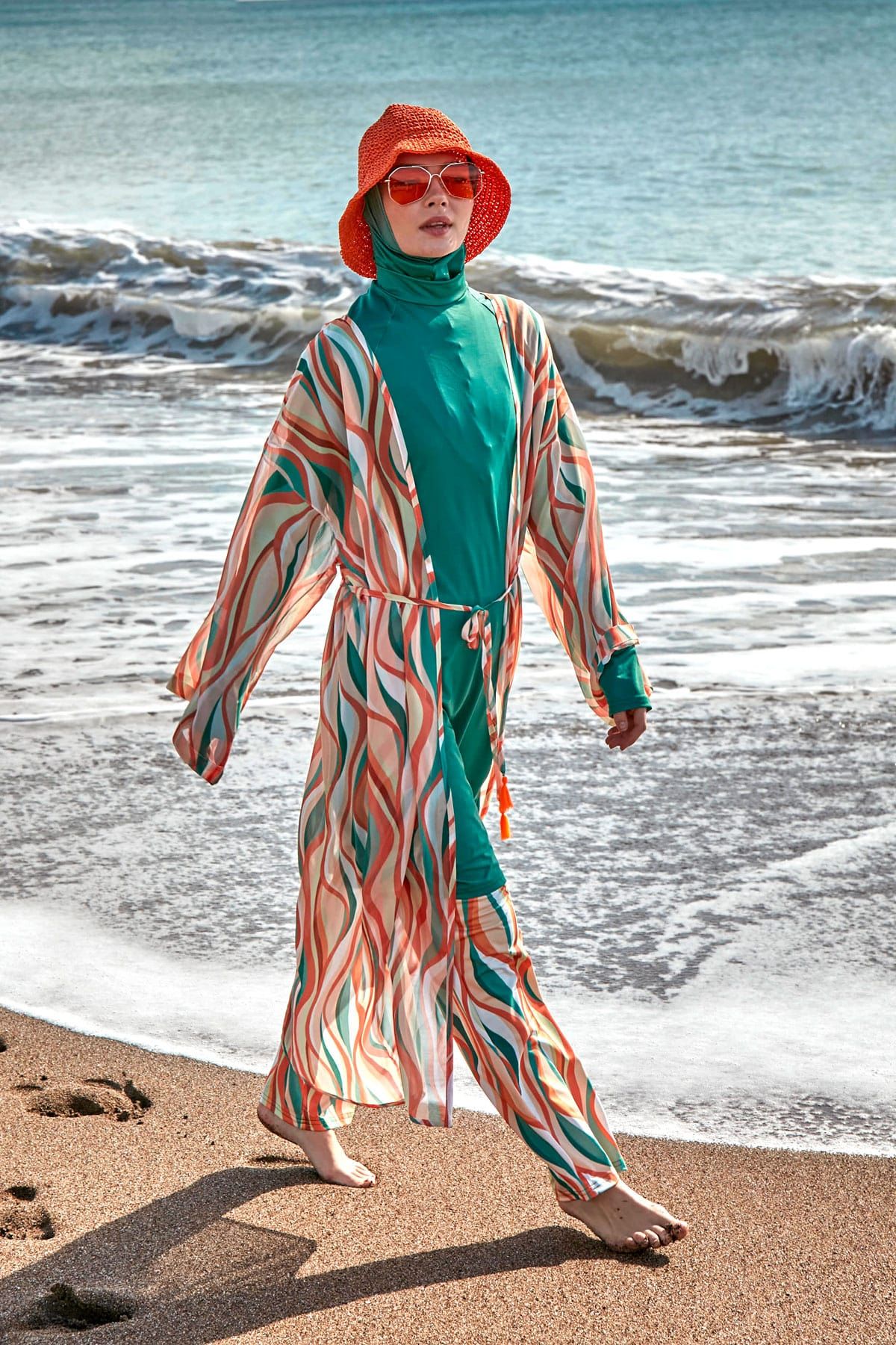 Desenli Yeşil Kimono Kaftan P2422