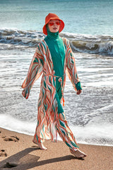 Desenli Yeşil Kimono Kaftan P2422