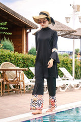 İp Bağlamalı 4’lü Siyah Desen Detaylı Tam Kapalı Tesettür Mayo 1961