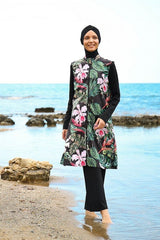 3’lü Siyah Çiçek Desenli Paraşüt Tam Kapalı Tesettür Mayo 1996