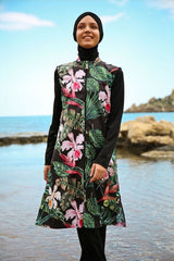 3’lü Siyah Çiçek Desenli Paraşüt Tam Kapalı Tesettür Mayo 1996