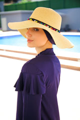 Ponpon Şeritli Geniş Hasır Bej Şapka 1423216