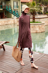 Likralı Kahverengi Tam Kapalı Tesettür Mayo M2468