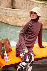 Likralı Kahverengi Tam Kapalı Tesettür Mayo M2468