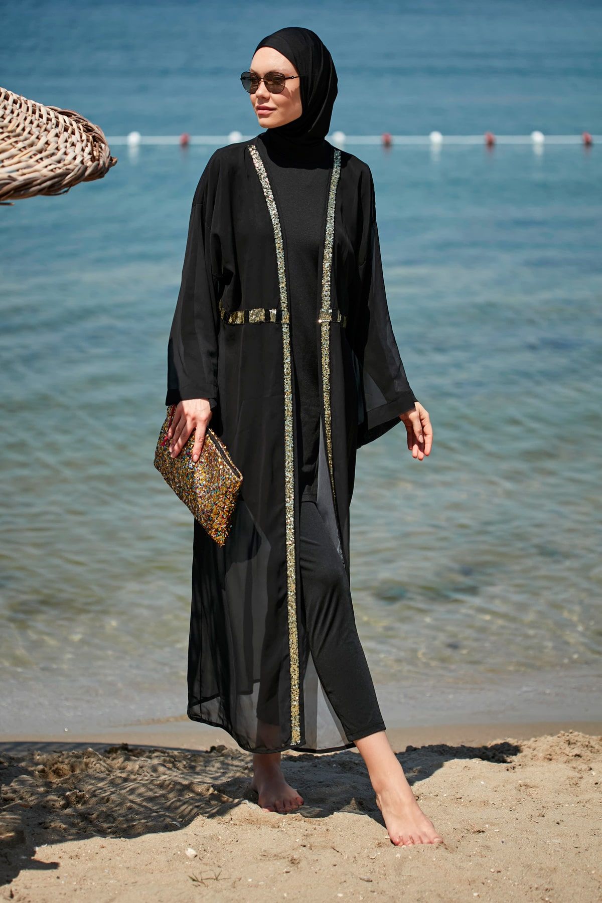 Payetli Siyah Kimono Kaftan P2346