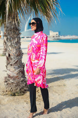 Desenli Fuşya Tam Kapalı Tesettür Mayo M2322