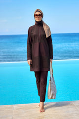 Marina Kahverengi Tül Detaylı Tam Kapalı Tesettür Mayo - M2534-4