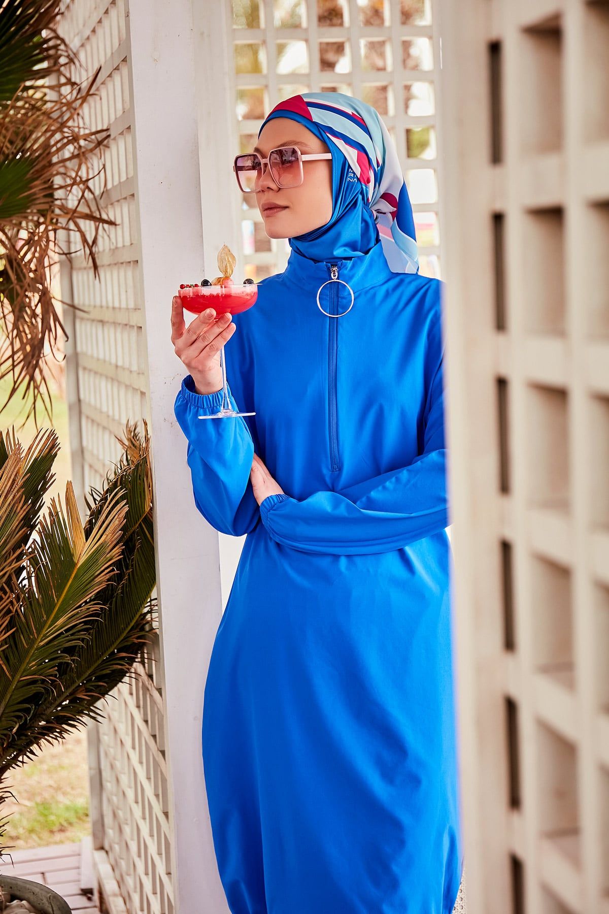 Paraşüt Kumaş Saks Tam Kapalı Tesettür Mayo M2404