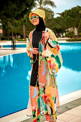 Desenli Turuncu Kimono Kaftan P2404