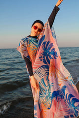 Marina Tesettür Mayo Üzerine Yaprak Desenli Kaftan Kimono Pareo P2109