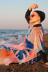 Marina Tesettür Mayo Üzerine Yaprak Desenli Kaftan Kimono Pareo P2109