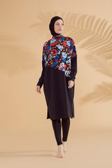 Paraşüt Çiçekli Siyah Tam Kapalı Tesettür Mayo M2313