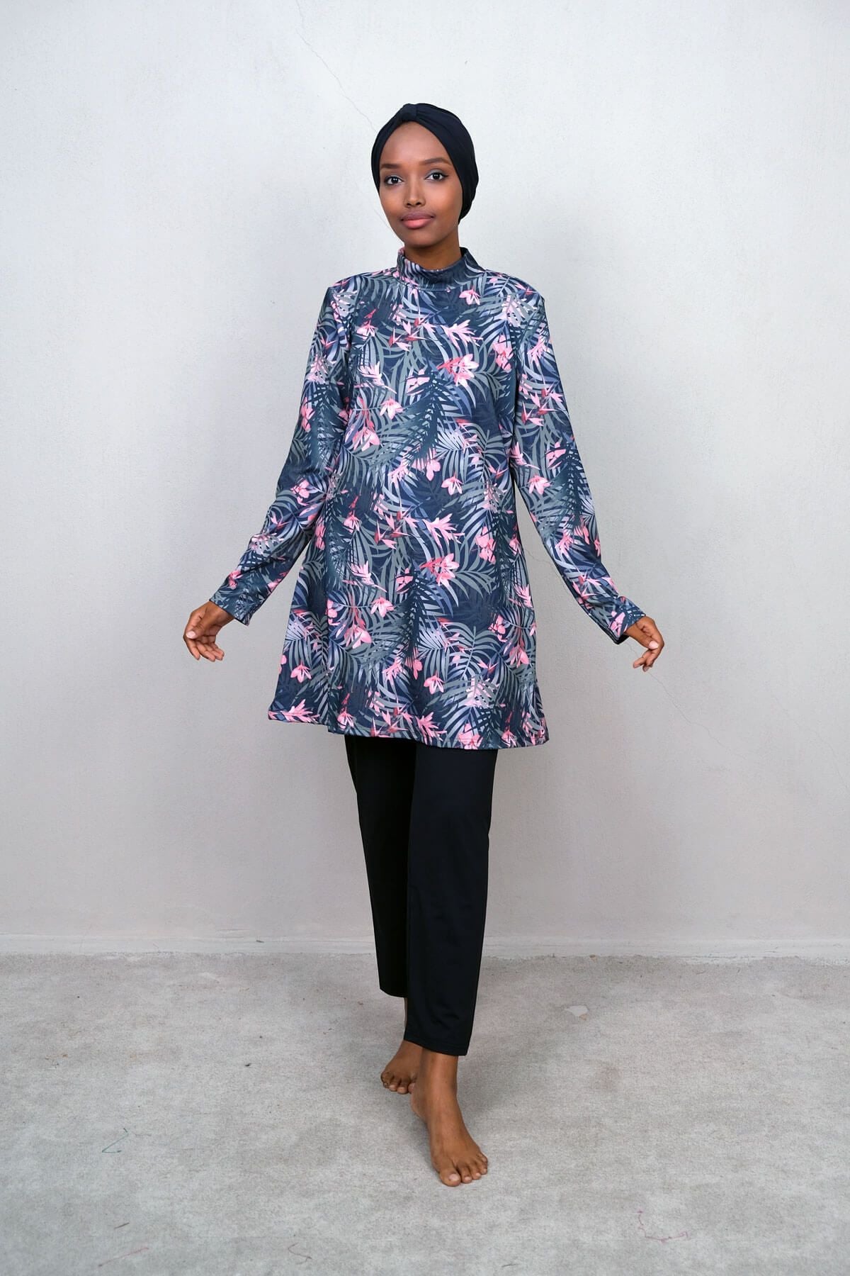 4’lü Siyah Kadın Yaprak Desenli Tam Kapalı Tesettür Mayo  M2242