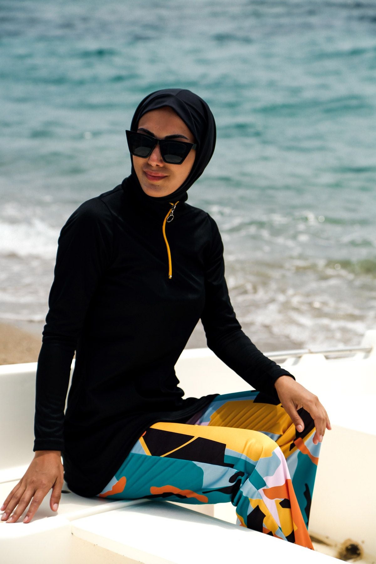 Rivamera 4'lü Siyah Desenli Tam Kapalı Tesettür Mayo R1102