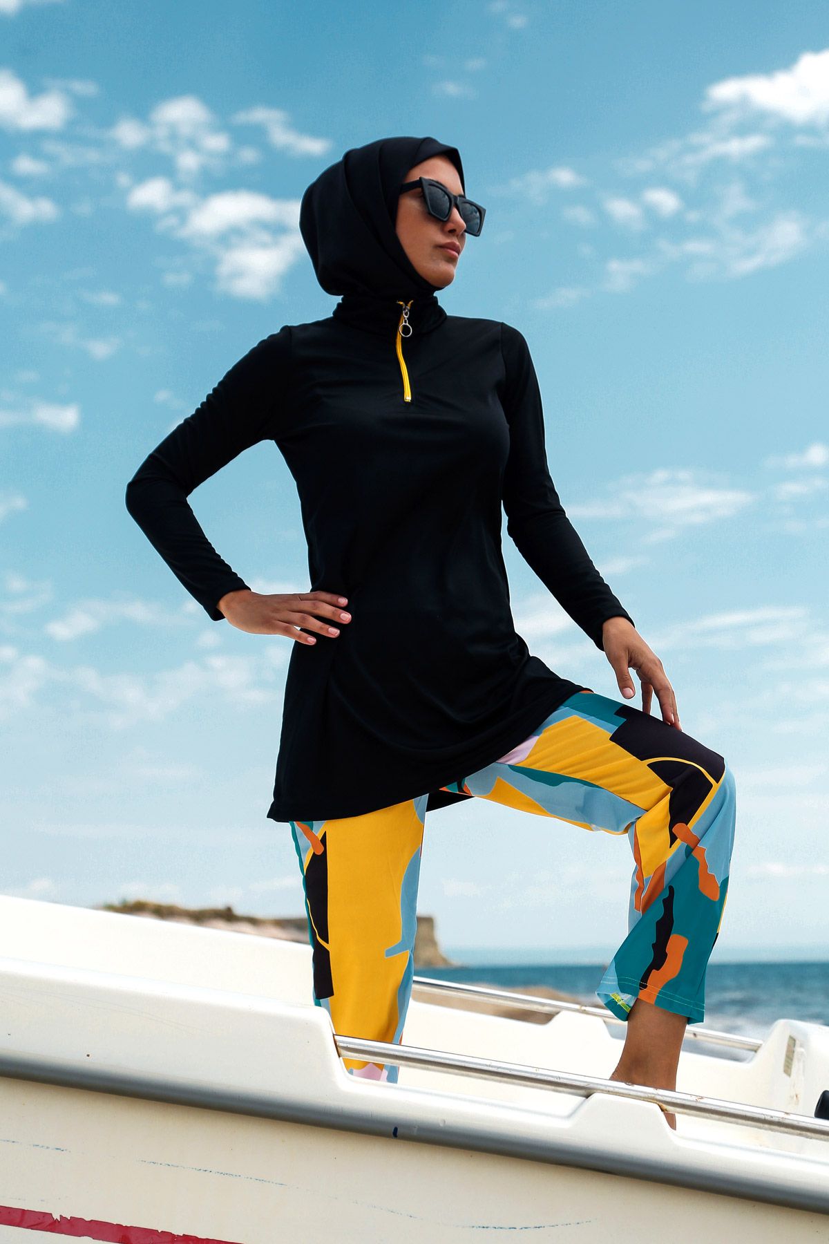 Rivamera 4'lü Siyah Desenli Tam Kapalı Tesettür Mayo R1102