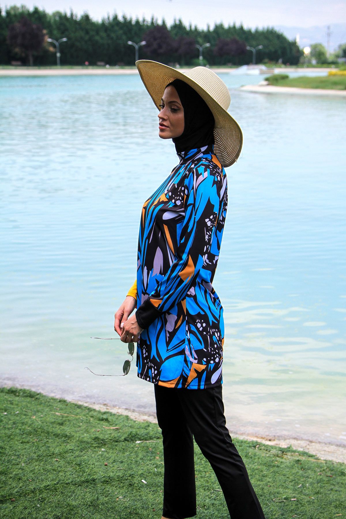 Rivamera 4'lü Siyah Mavi Desenli Tam Kapalı Tesettür Mayo R1103