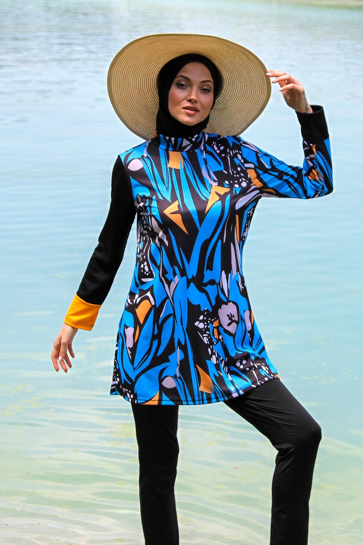 Rivamera 4'lü Siyah Mavi Desenli Tam Kapalı Tesettür Mayo R1103