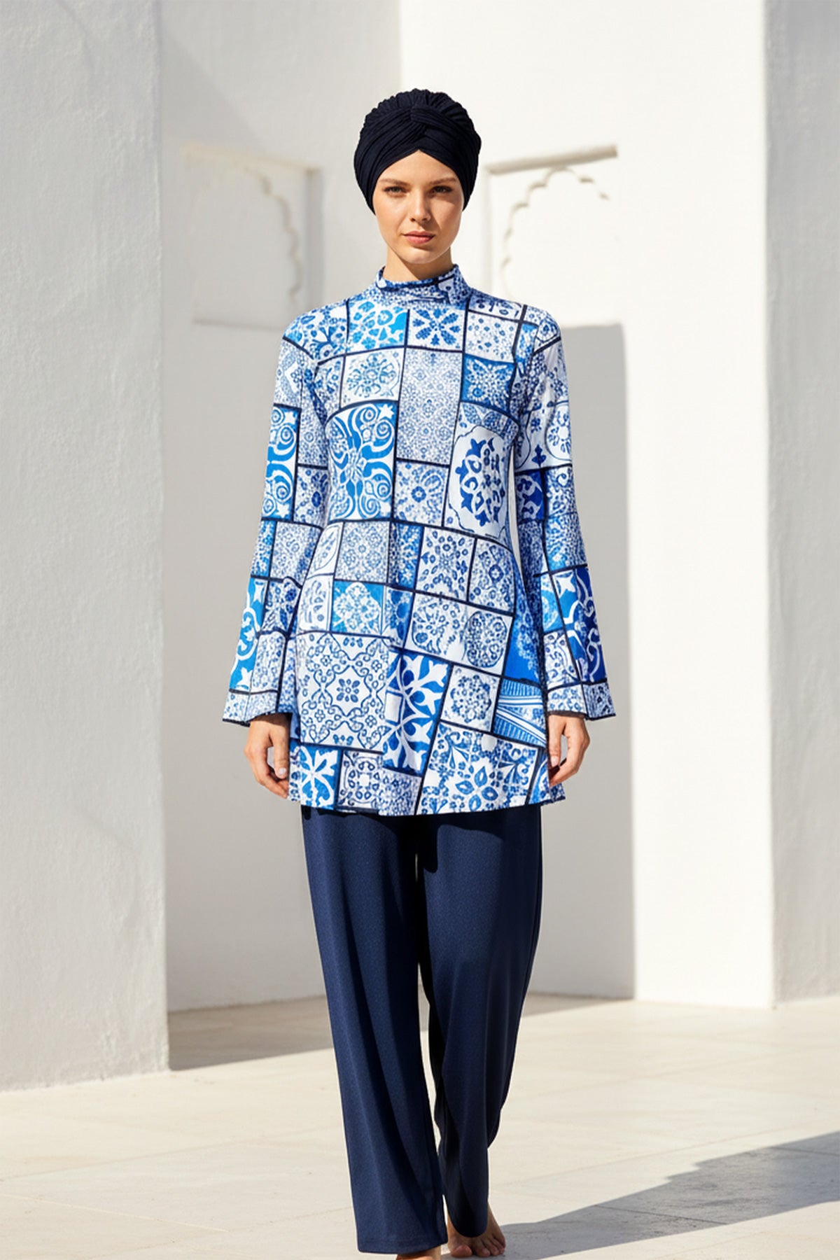 Tam Kapalı Tesettür Mayo Lacivert Desenli Likralı 4 Parça 1950