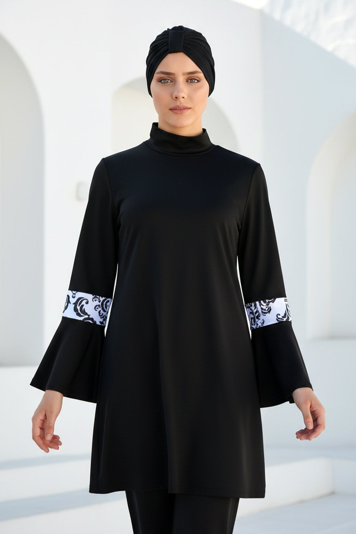 Tam Kapalı Tesettür Mayo Siyah Desenli Likralı 1958 Ürün ikincil görseli