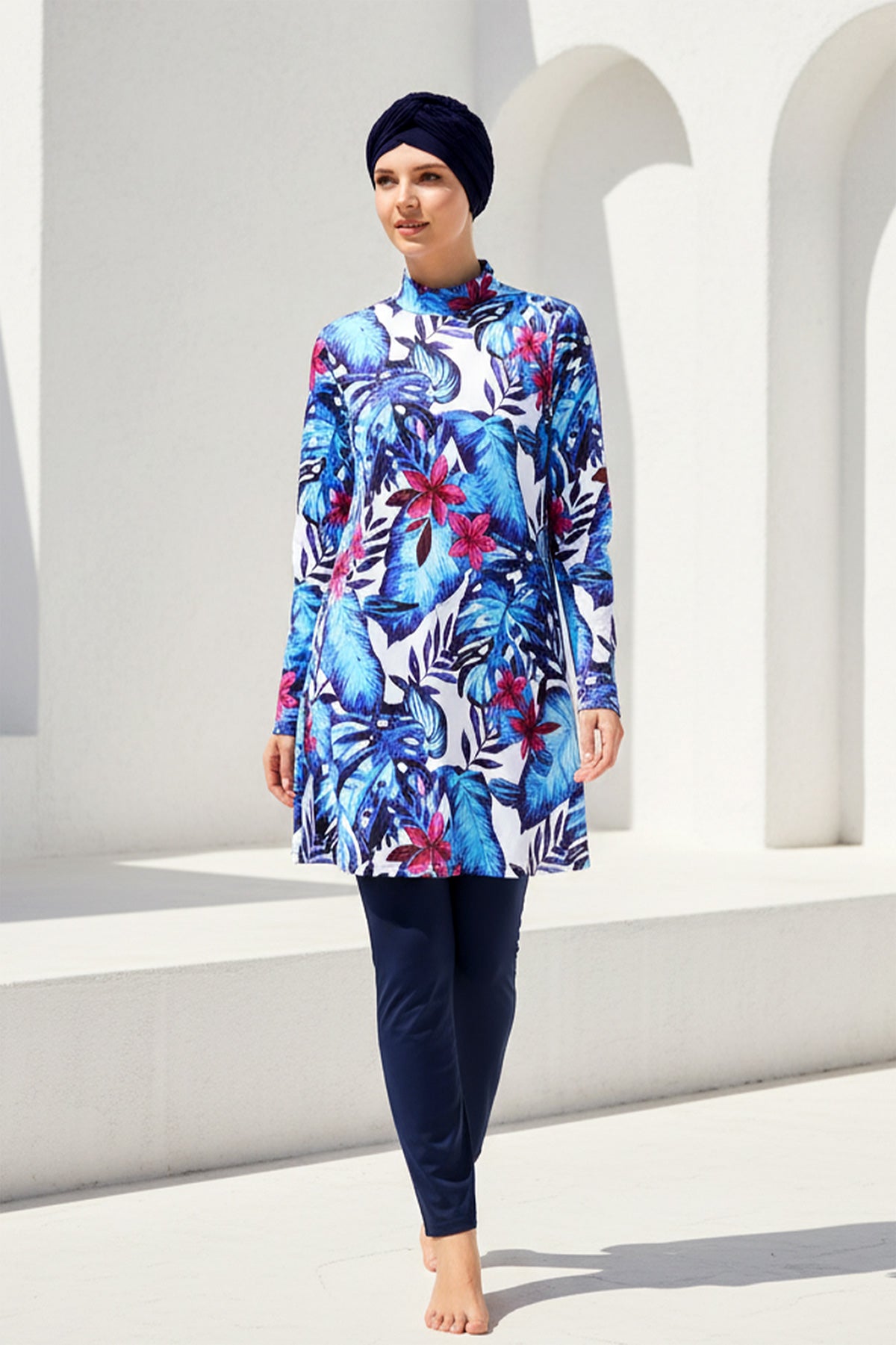 Tam Kapalı Tesettür Mayo Lacivert Çiçek Desenli Likralı 4 Parça 1965