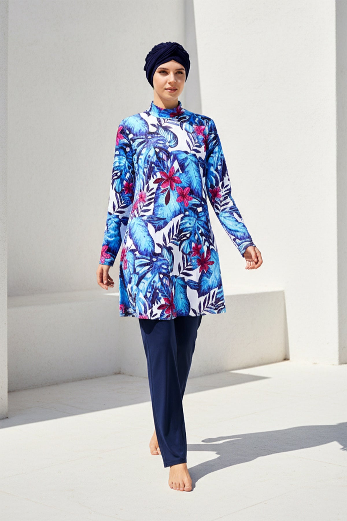 Tam Kapalı Tesettür Mayo Lacivert Çiçek Desenli Likralı 4 Parça 1965