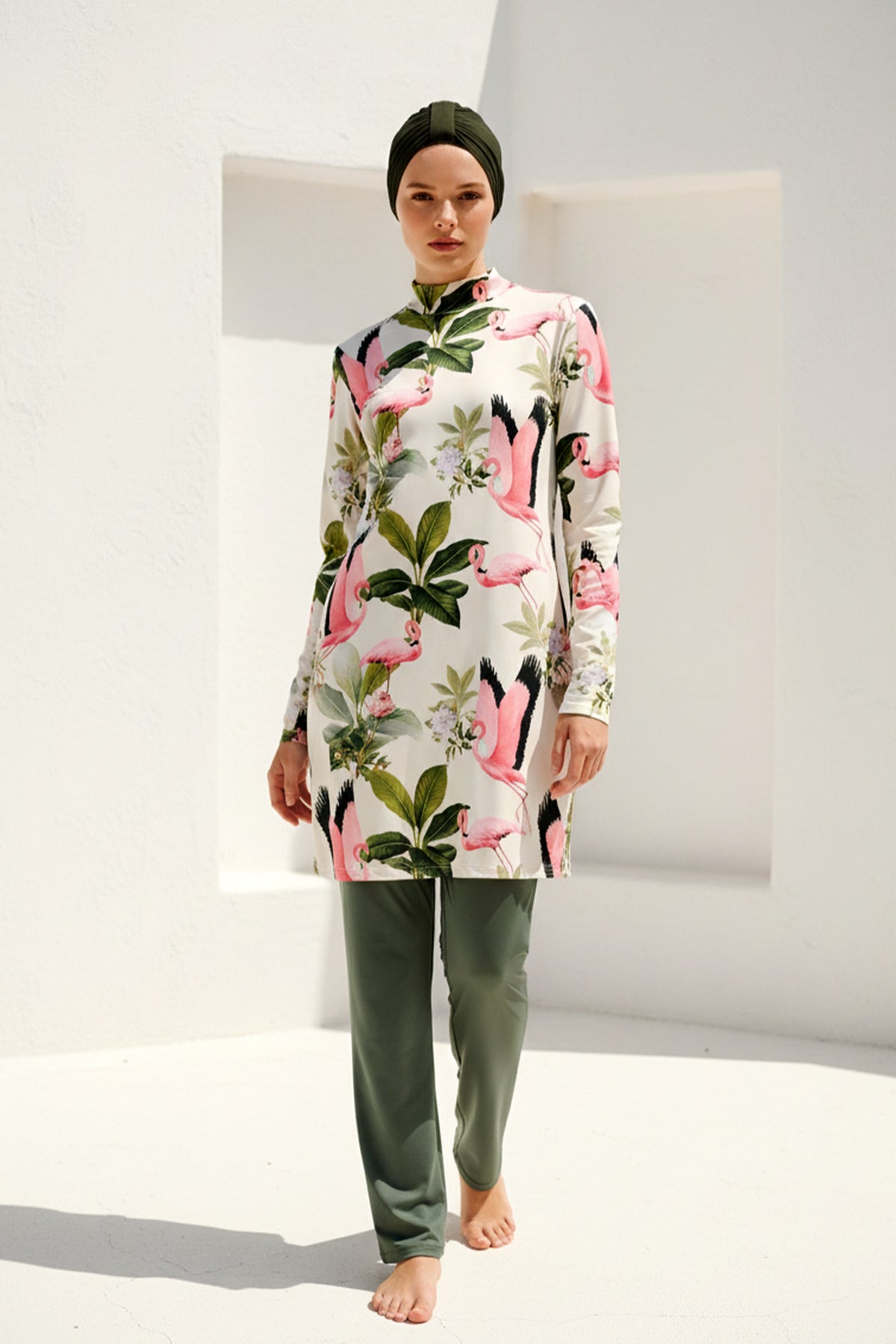 Tam Kapalı Tesettür Mayo Haki Desenli Likralı 4 Parça 1966