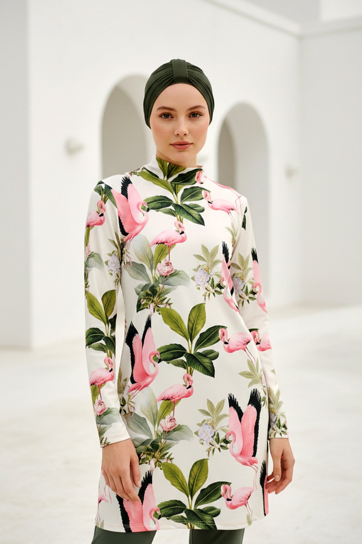 Tam Kapalı Tesettür Mayo Haki Desenli Likralı 4 Parça 1966