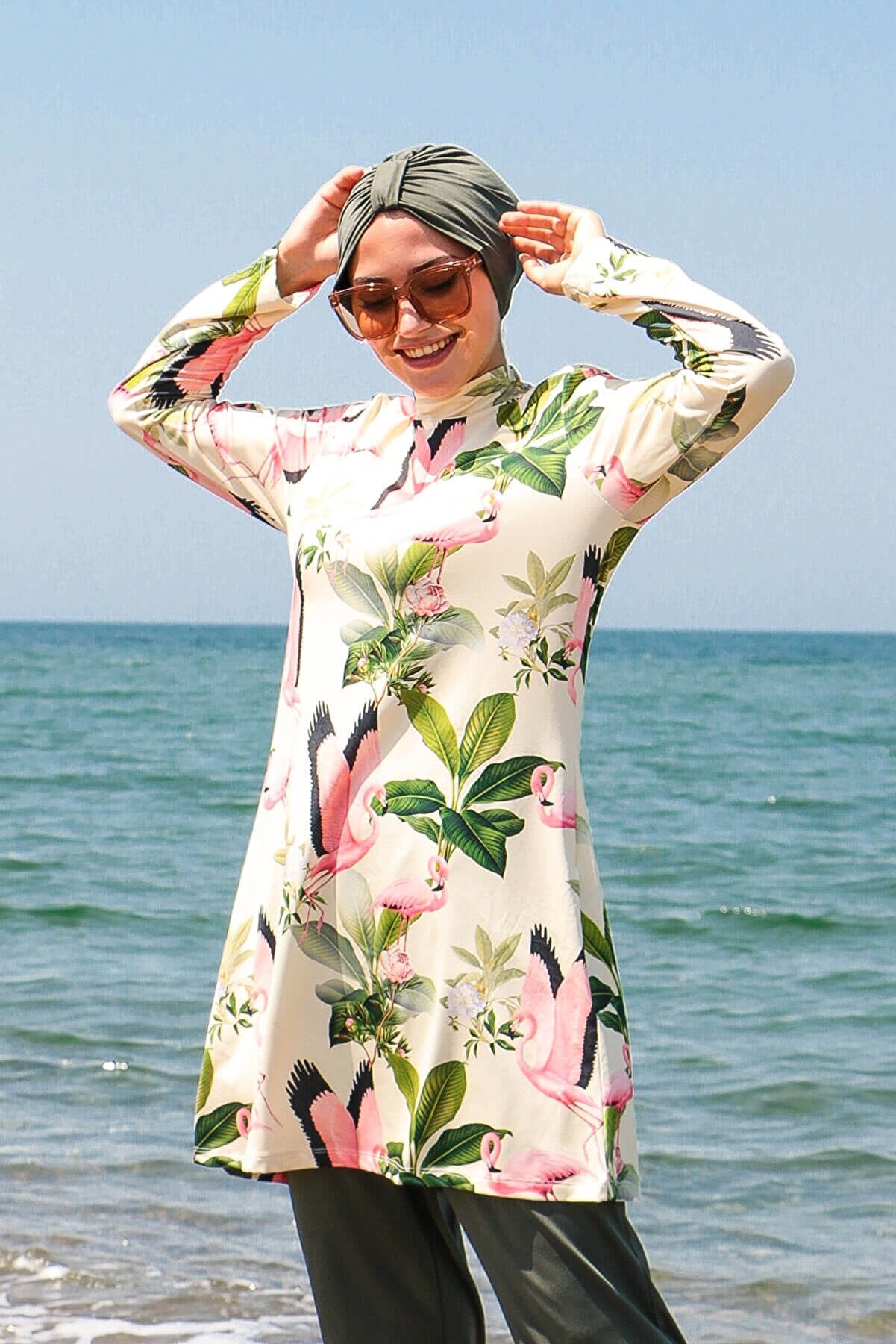 Tam Kapalı Tesettür Mayo Haki Desenli Likralı 4 Parça 1966