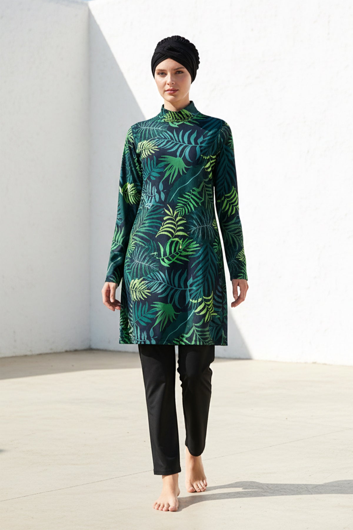 Tam Kapalı Marina Tesettür Mayo Yeşil Desenli Likralı 4 Parça 1968