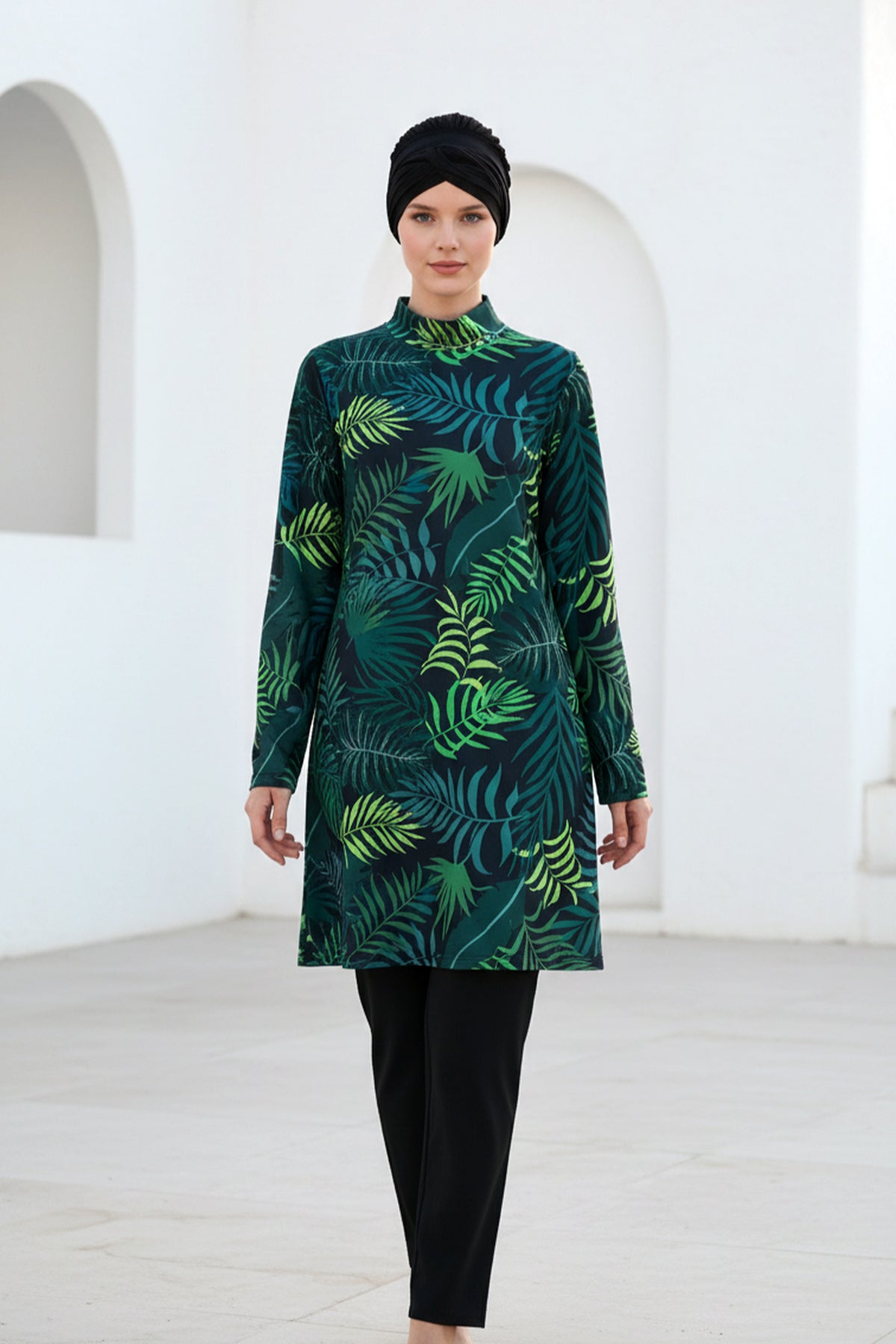 Tam Kapalı Marina Tesettür Mayo Yeşil Desenli Likralı 4 Parça 1968