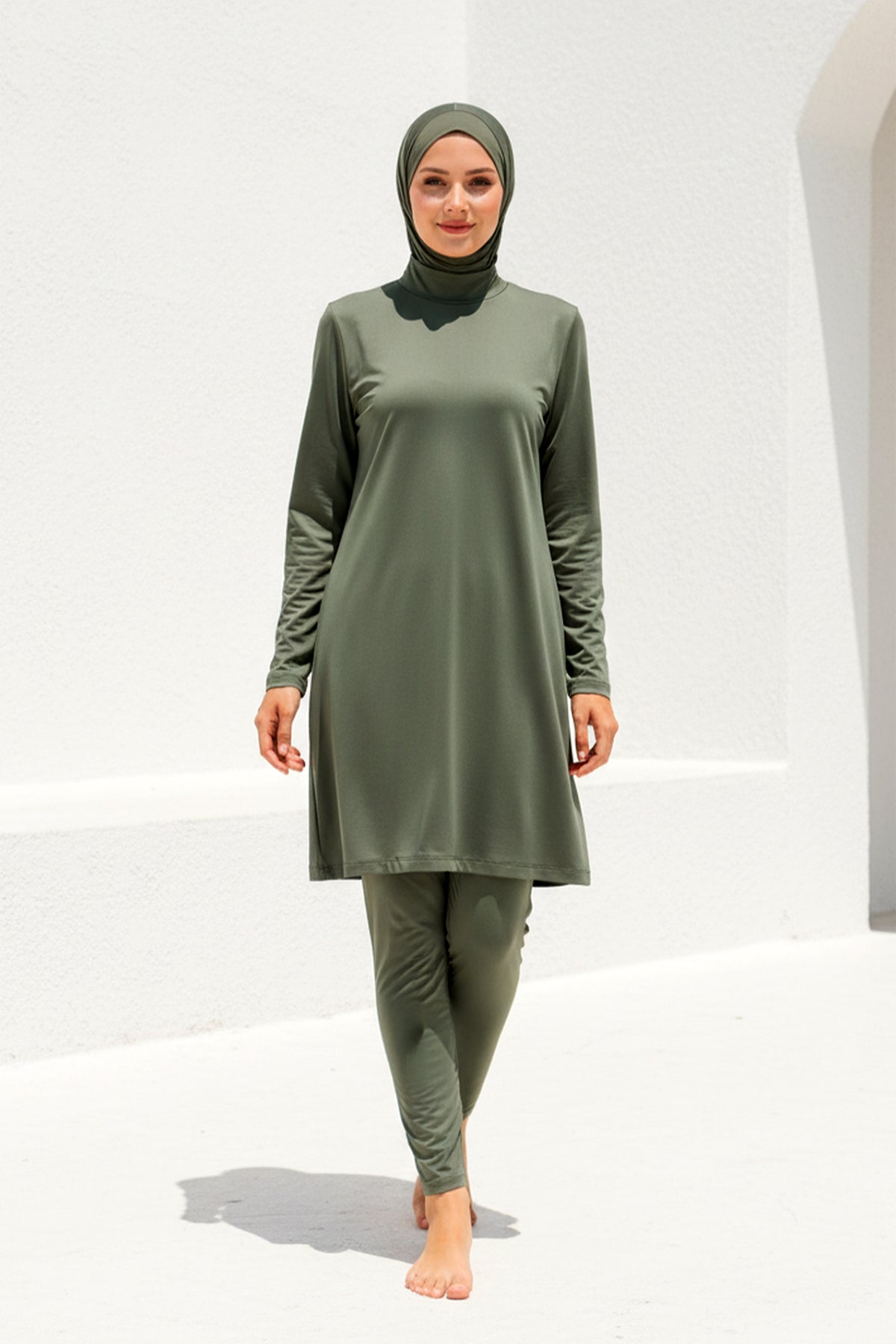 Tam Kapalı Tesettür Mayo Takımı Haki Likralı 3 Parça 1969