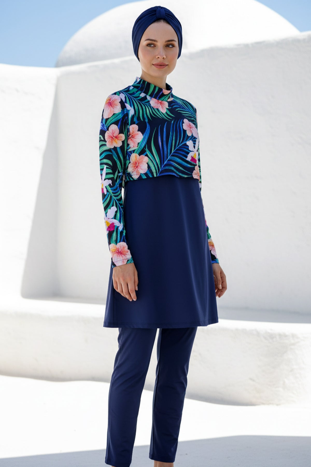 Tam Kapalı Tesettür Mayo Lacivert Çiçekli Likralı 4 Parça 1971
