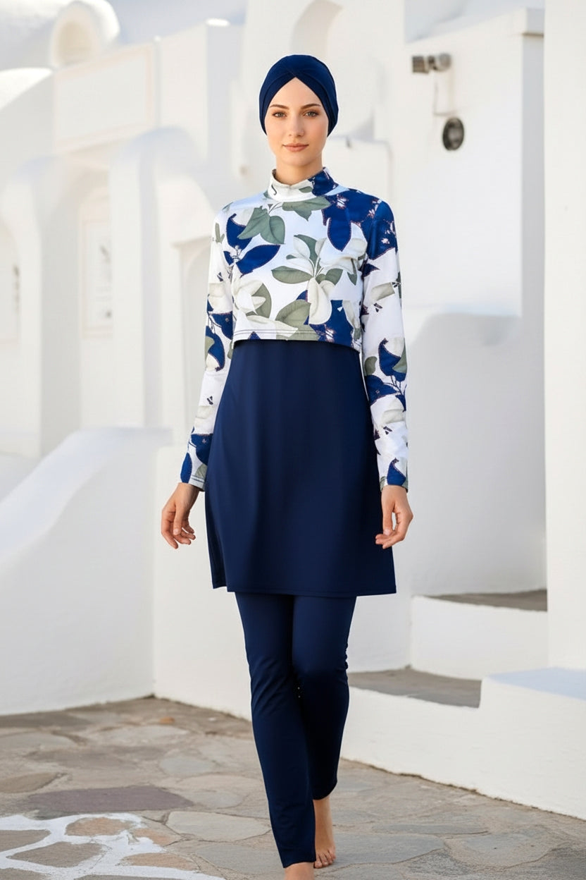 Tam Kapalı Tesettür Mayo Lacivert Desenli Likralı 4 Parça 1972